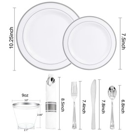 WELLIFE 350Pcs Silver Plastic Plates for 50 Guests - Disposable Dinnerware Set, Party Supplies Includes 100 Silver plates,150 Silverware,50 Napkins,50 Cups,Plastic Plates Disposable
