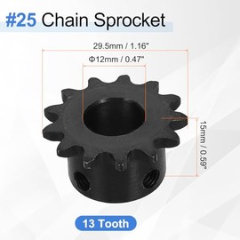 QUARKZMAN #25 Sprocket 12 mm Bore 29.5 mm OD, 13 Teeth C45 Carbon Steel ANSI #25 Roller Sprocket Round Hole with Grub Screws for ISO 04C Chain, Black
