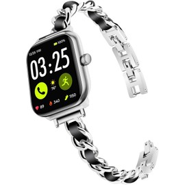 LYSANDRA 22mm watch bands, Slim Gold Bands Women Feminine Elegant Compatible with Spade Co Health Smartwatch 4, Adjustable Metal Chain Bracelet Strap with Leather (Silver)