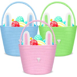 QOUBAI 3 Pack Easter Baskets Woven Bunny Basket with Rabbit Ears Rope Easter Eggs Basket with Handles for Toddler Boy Girl Candy Gift Toy Storage Easter Egg Hunt Party Favor Supplies(Pink,Blue,Green)