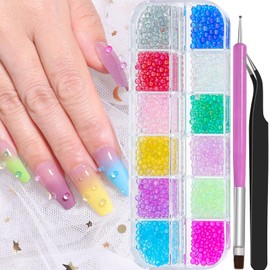 Resin Bubble Beads,12 Colors Mixed Size Mini Beads Iridescent Crystals Beads No Hole with Tweezers and Dual-end Brush for DIY Shaker Resin Mold Filler Jewelry Making UV Nail Decorations