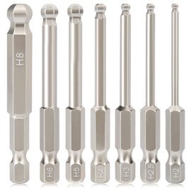 Hakkin 7PCS Ball End Hex Screwdriver Bits Set S2 Steel Magnetic Allen Key Set 65mm Length 1/4" Hex Shank Allen Wrench Screwdriver Bits for Furniture Assembly - Metric H2-H8