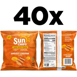 SunChips 100% Whole Grain Chips, Harvest Cheddar, 1 oz Bags, Pack of 40, No Artificial Flavors, Colors