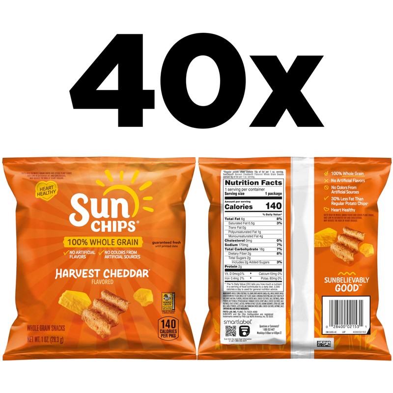 SunChips 100% Whole Grain Chips, Harvest Cheddar, 1 oz Bags,