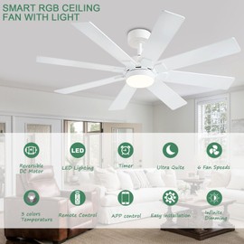 KNUN 48 Inch White Ceiling Fans with Lights and Remote/APP Control, Low Profile Ceiling Fan, 8 Blades，LED Dimmable, Reversible DC Motor, Noiseless Ceiling Fans for Bedroom Indoor/Outdoor Use