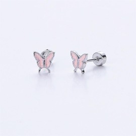 20G Butterfly Glitter Enamel Screw Flat Back Small Tiny Stud Earrings for Women Minimalist Cute Stainless Steel Silver Plated Animal Cartilage Tragus Piercing Little Studs Hypoallergenic Jewelry Gift (Pink)