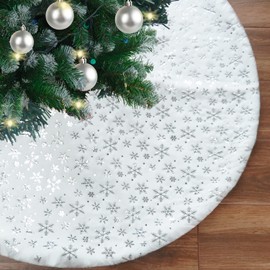 Ywlake Christmas Tree Skirt - 90cm Large White Luxury Faux Fur Tree Skirt with Silver Snowflake Christmas Decorations Holiday Thick Plush Christmas Ornaments (White/Silver)