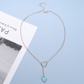 Yheakne Boho Turquoise Heart Necklace Choker Turquoise Lariat Gold Y Necklace Love Heart Necklace Chain Minimalist Y Drop Necklace Jewelry for Women and Girls Gifts