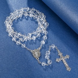 Rnivida Catholic Clear Crystal Beads Rosary Necklace with Miraculous Medal Cross Crucifix Rosaries Communion Rosary for Women