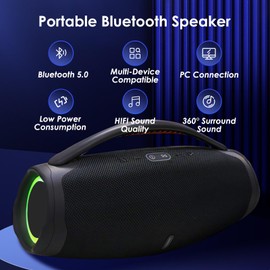 Portable Bluetooth 5.0 Speakers, RGB Speaker with 360 Degree Surround Sound Loud Speaker with Lights Long Battery Life Outdoor Speaker for Party (Black)