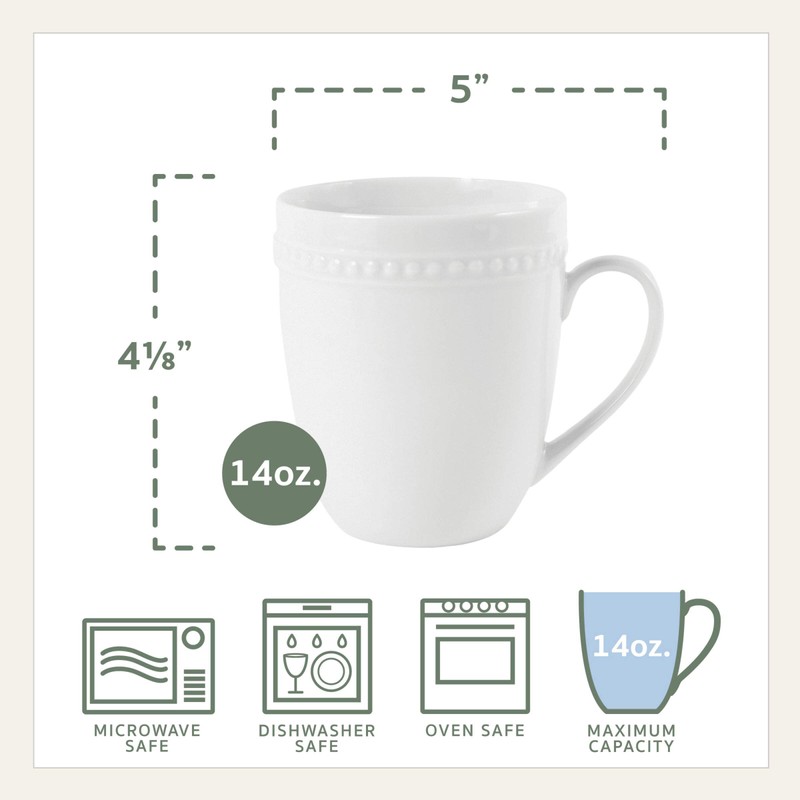 Everyday White Beaded Set of 4 Mugs, 14 ounce