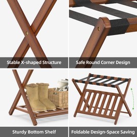 BAMBOOHOMIE Bamboo Luggage Rack for Guest Room, Wide Suitcase Stand with Storage Shelf, Folding Luggage Stand Holder for Bedroom Hotel, 26.77" Thickened Luggage Rack for Suitcases, Brown