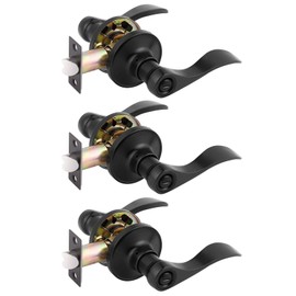 Gobrico 3Sets Bed and Bath Privacy Door Locks Handles Levers Without Key Black Finished,for Interior Door