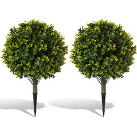 Pair(2) Artificial Boxwood Topiary Ball Bush for Outdoor with Ground Spike,30" UV Resistant Faux Boxwood Ball Tree, Fake Green Boxwood Plants for Garden, Yard, Porch, Patio Decor