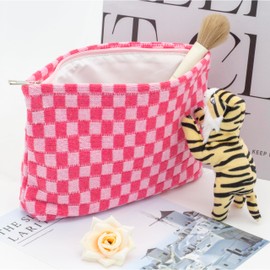 PAZIMIIK Knit Checkered Makeup Bag Large Zipper Make Up Accessory Pouch for Purse Cosmetic Brush Bag for Travel Essential,Hotpink