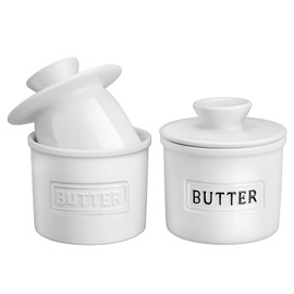 JSHKY French Butter Crock with Spreader, The Original Porcelain Butter Dish for Counter, Gift for Mother’s Day, Thanksgiving, Christmas,Color: White Crock with Black Logo
