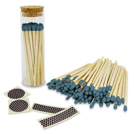 Thankful Greetings 4" Steel Blue Matches in a Jar + Striker Stickers Included | 100 Stylish & Modern Decorative Safety Matches with a Cork Top Glass Holder | Gifts, Home Decor, & Candle Accessories
