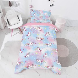 INTOMENG Unicorn Bedding Single Duvet Covers for Kids Girls Pink Blue Bedding Set 135×200cm Quilt Cover Microfibre Soft Duvet Covers and 1 Pillowcase 50×75cm 3D Printing Crown Auspicious Cloud Pattern