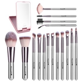 20PCs Travel Makeup Brush Set, Travel Makeup Brushes, Foundation Concealer Powder Eyeshadow Brush Set Contour Blush Eyebrow Eyelash Brush Kit with Led Light Mirror Case & Powder Puffs-Champagne Pink
