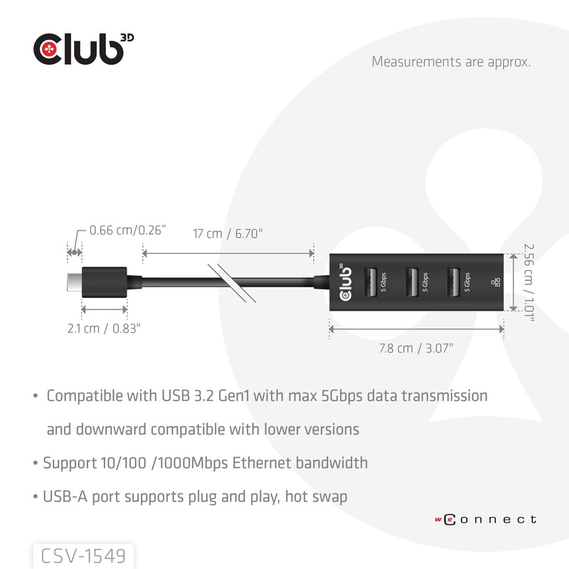 Club3D CSV-1549 USB Type-C 3.2 Gen1 to 3 Port USB