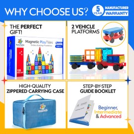 Magnetic Tiles 125 PCS (XL SET), Magnetic Tiles for Kids, Toy for 3 4 5 6 7 8 Year Old Boys & Girls, Large Building Set, Great Gift for Kids Aged 3-8, Gift Box, + Bonus Zippered Carrying CASE