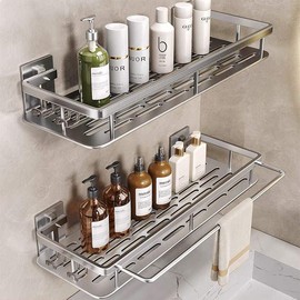 EVALAND - Organizador de ducha de aluminio calcomanía, juego de 2 piezas con barra para toallas y sin barra para ducha interior, sin taladros, organizador de alta calidad a prueba de óxido para baño,