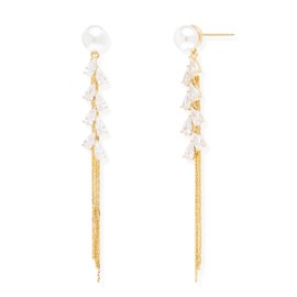 Jean Beau Gold Pearl Long Rhinestone Dangle Earrings for Women Sparkly 14k Gold Plated Hypoallergenic Dangling Prom Wedding Earrings Fashion Outfit Accessories Jewelry Gift