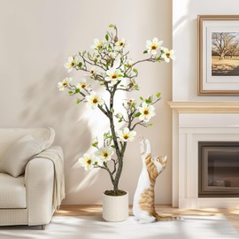 5FT Faux Magnolia Plants Artificial Flower Trees Fake Plants For Yard Patio Home Office Arrangement Decor Indoor Outdoor Artificial Magnolia Tree Inc. 120 Realisc Flowers Vivid Leaves Mosses White Pot