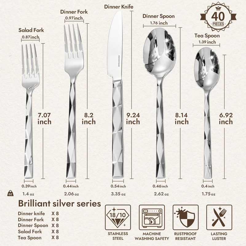 KINGSTONE Silverware Set, Luxury 40 Piece Flatware Set for 8,