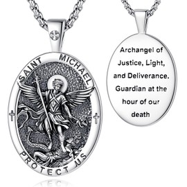 Vito Silver Plated Copper Saint Michael Pendant Necklace for Men Women, Vintage Oxidized Archangels Michael Medal Necklace Religious Protection Jewelry Gift for Christmas Birthday, 22"+2"
