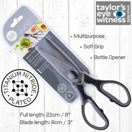 Juno (Household Scissors, Black) - Kitchen Scissors - Titanium Coating - Soft Handle, Dishwasher Safe, Multifunctional Cooking Scissors, Poultry Scissors, Herb Cherry, Pizza Scissors and Bottle