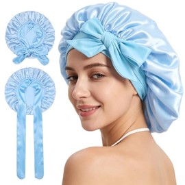 Gorro de Seda para Dormir, Gorro de Pelo Rizado de Satén Ajustable, Gorros de Noche con Banda Elástica, Ideal para Dormir, Ducha y Belleza (Azul)