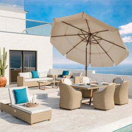 JEAREY 3-Tier 9 FT Patio Umbrellas Outdoor Table Umbrella with Push Button Market Umbrella 8 Sturdy Ribs UV Protection Waterproof for Garden, Deck, Backyard, Beige