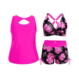 Holipick Pink Floral Plus Size Tankini Swimsuits - Women 3 Piece Bathing Suits Tummy Control with Shorts Tank Top with Sports Bra 18 Plus