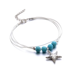 Sttiafay Boho Layered Rope Braided Ankle Bracelet Starfish Drop Anklet Cord Handmade Turquoise Beach Foot Chain Jewellery for Women and Girls, Metal
