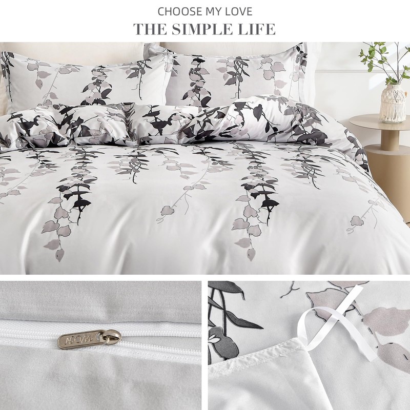 Double Duvet Set Botanical Grey Bedding Set Polyester Breathable Stylish