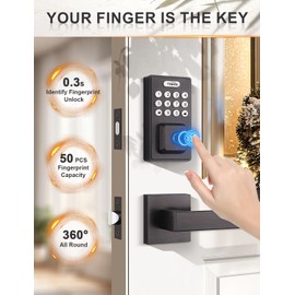 Tinewa Square Keyless Entry Door Lock with 2 Lever Handles, Fingerprint Entry Door Handleset, Digital Deadbolt with App, Auto Lock & One Touch Locking, Front Smart Door Handle Sets, Oil Rubbed Bronze