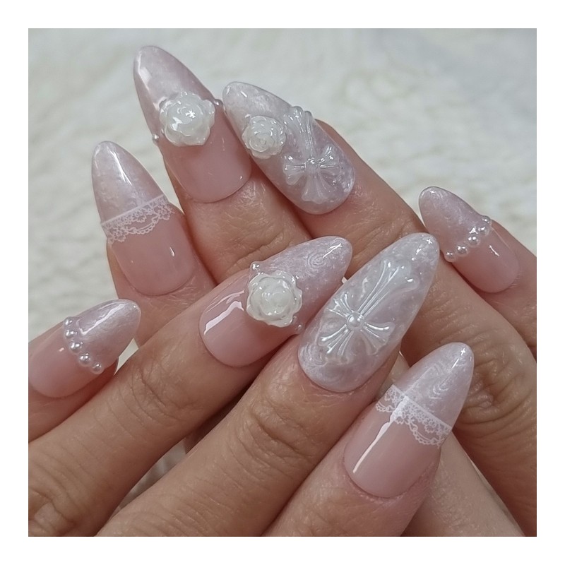 Rose Veil Cross Handmade Nail Tips Wedding Pearl Shell -