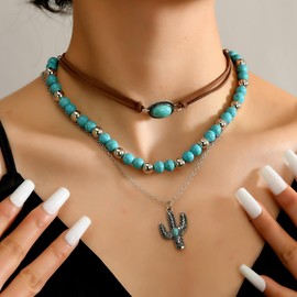 Western Turquoise Necklaces for Women Layered Cowgirl Western Necklaces Vintage Rodeo Country Concert Cow Tag Cactus Pendant Necklace Turquoise Jewelry Outfits Accessories Style3