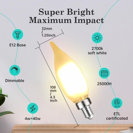 AMDTU E12 40 Watt Equivalent Frosted Small Base LED Bulb Candelabra Candle CA10 Dimmable Chandelier Light Ideal for Dining Rooms Living Rooms and bedrooms Long Lasting Light for Cozy Settings