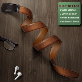 BULLIANT Mens Ratchet Belt,Leather Adjustable Slide Belt For Gift Mens Dress Casual 1 3/8",Size Adjustable(Tawny,28"-34"Waist Adjustable)
