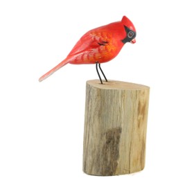 Brave Wings Hand Carved Wooden Bird ~ Red Bird on a Log 17cm High ~ Ornament Sculpture Figurine Statue Unique Table Decoration Home Decor ~ 1706