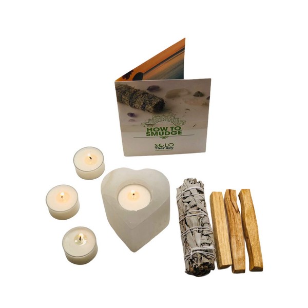 'Good Vibes Smudge Kit: 1 Selenite Heart Candle Holder 2" Tall and 3" Wide, 4 White Sage Tealight Candle, 1 White Sage Smudge Stick 4", 3 Palo Santo Sticks 4", How to Smudge Guide Included