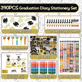 Hiawbon 390PCS Graduation Stationery Set 40Pack Graduation Goodie Bags with Stationery Exchange Gift Set, Congrats Grad Goodie Bags Stuffers Fillings Cards Pencils Bracelet Stickers