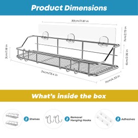 KESOL Adhesive Shower Caddy Shower Shelf Organizer for Bathroom Organization with Hooks, SUS304 Stainless Steel, 2 Pack (Silver)
