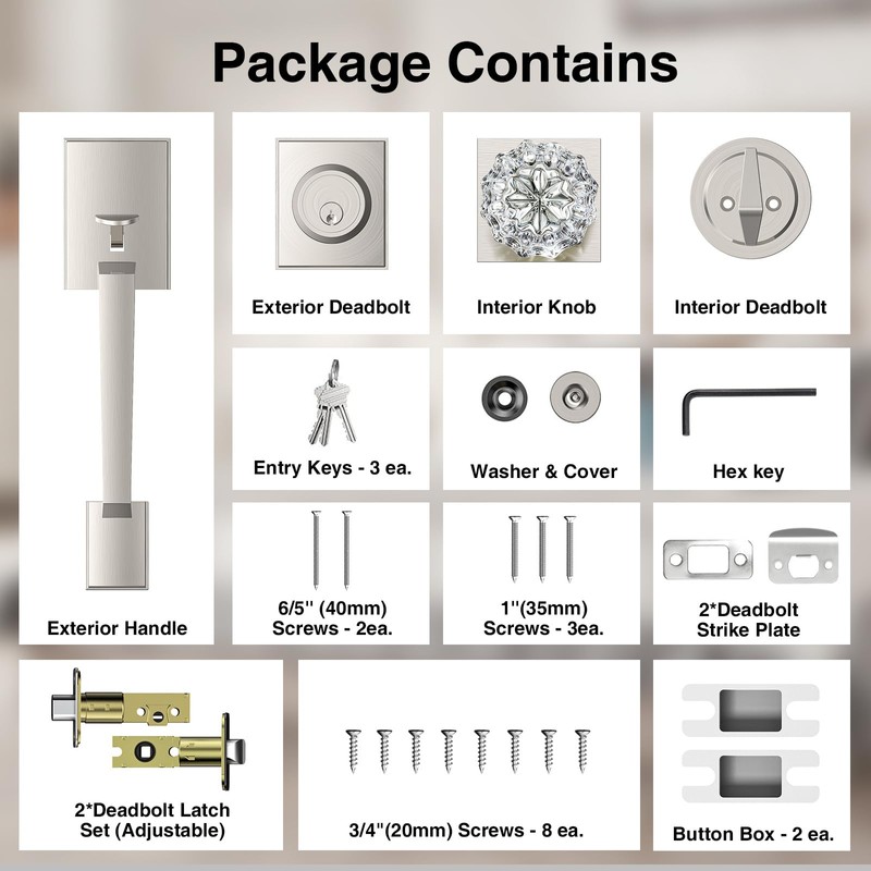 Calzibeno Brushed Nickel Front Door Handle and Deadbolt Set, Front