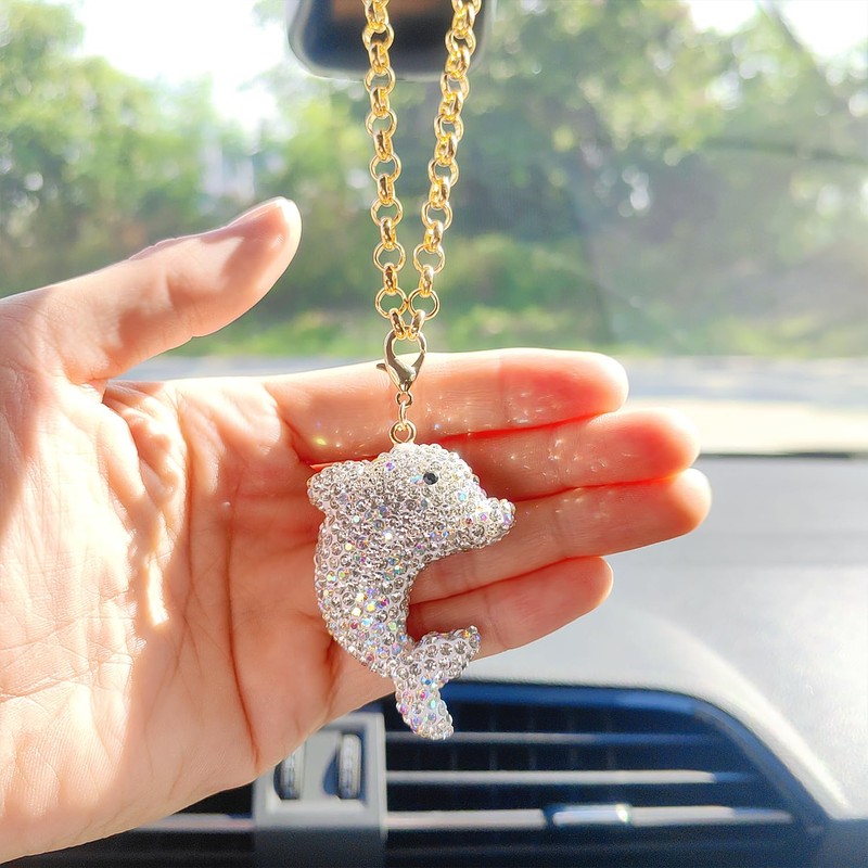 Bling Dolphins Rear View Mirror Accessories, Sparkling Embedded Rhinestones Marine