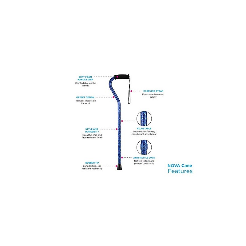 NOVA Designer Walking Cane with Offset Handle, Lightweight Adjustable Walking