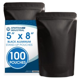 Spartan Industrial 5" X 8" Matte Black Stand-Up Pouch Bags - 100 Count Smell-Proof Mylar Bags With Heat Sealable Opening and Resealable Zipper