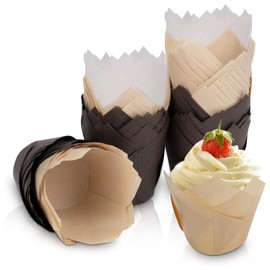 150 Pcs Tulip Cupcake Paper Cups, Tulip Baking Paper Cups, Disposable Tulip Muffin Paper Cups, for Home, Wedding, Events, Kids' Parties Paper Wrappers（White, Brown, Cowhide Color）